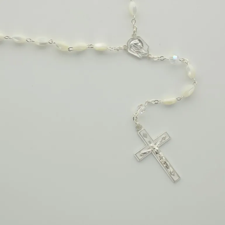 Palais du Rosaire Chapelet argenté avec grains en nacre et pierres swarovski^ Chapelet Nacre | Chapelet Cristal