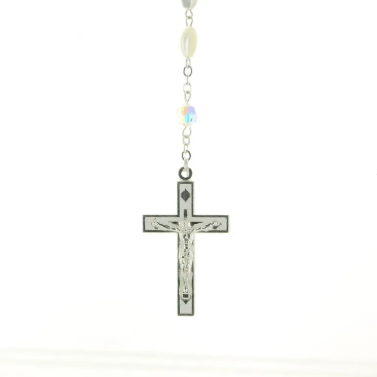 Palais du Rosaire Chapelet argenté avec grains en nacre et pierres swarovski^ Chapelet Nacre | Chapelet Cristal