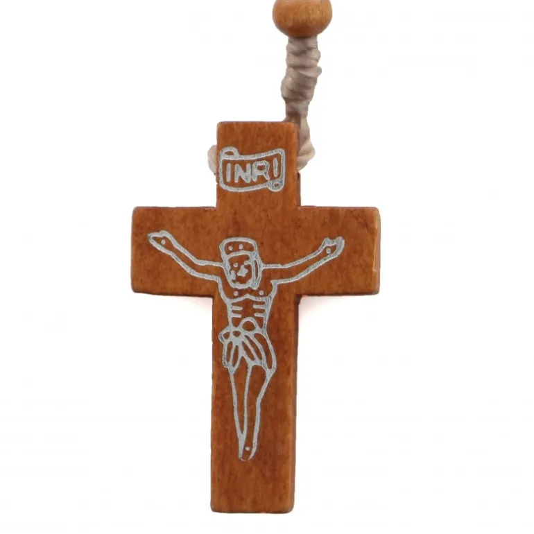 Palais du Rosaire Chapelet corde court en bois avec Christ dessiné^ Chapelet Corde | Chapelet Bois