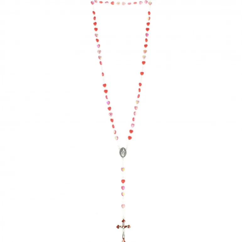 Palais du Rosaire Chapelet de Confirmation avec coeur Saint Esprit et grains en coeurs rouges^ Communion | Chapelet Verre