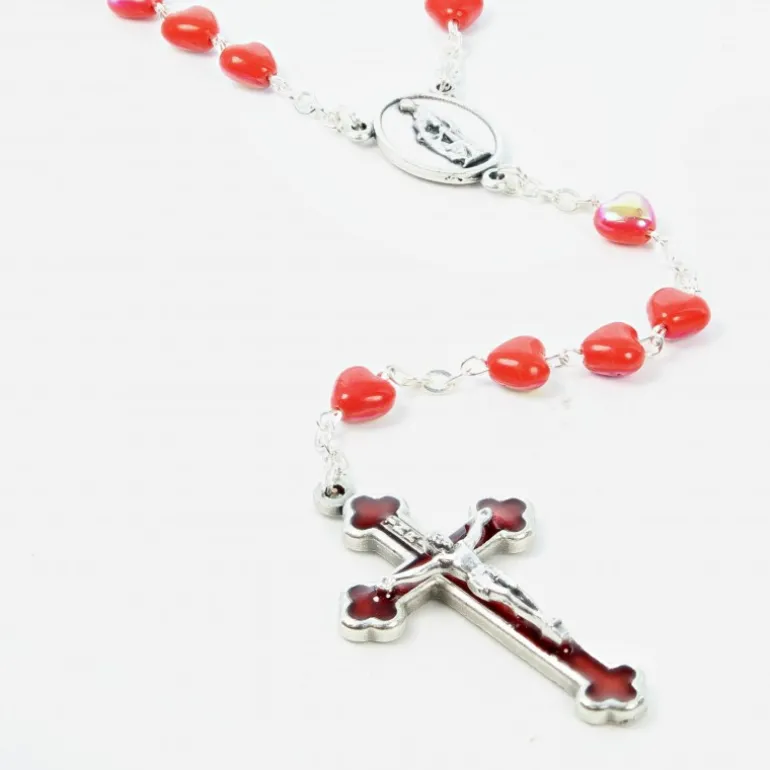 Palais du Rosaire Chapelet de Confirmation avec coeur Saint Esprit et grains en coeurs rouges^ Communion | Chapelet Verre