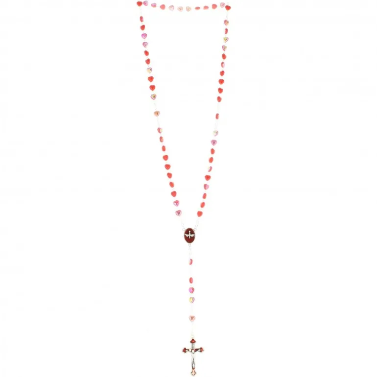 Palais du Rosaire Chapelet de Confirmation avec coeur Saint Esprit et grains en coeurs rouges^ Communion | Chapelet Verre