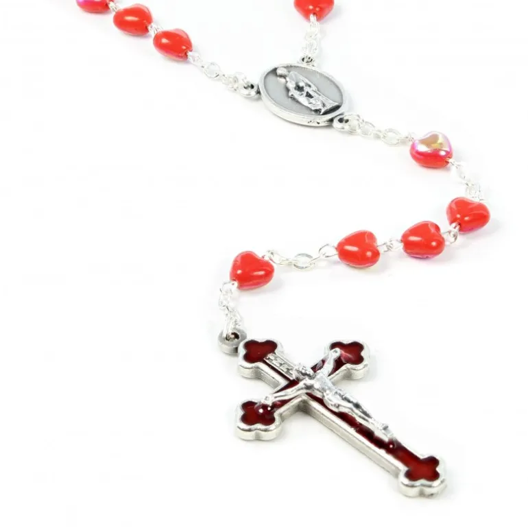 Palais du Rosaire Chapelet de Confirmation avec coeur Saint Esprit et grains en coeurs rouges^ Communion | Chapelet Verre