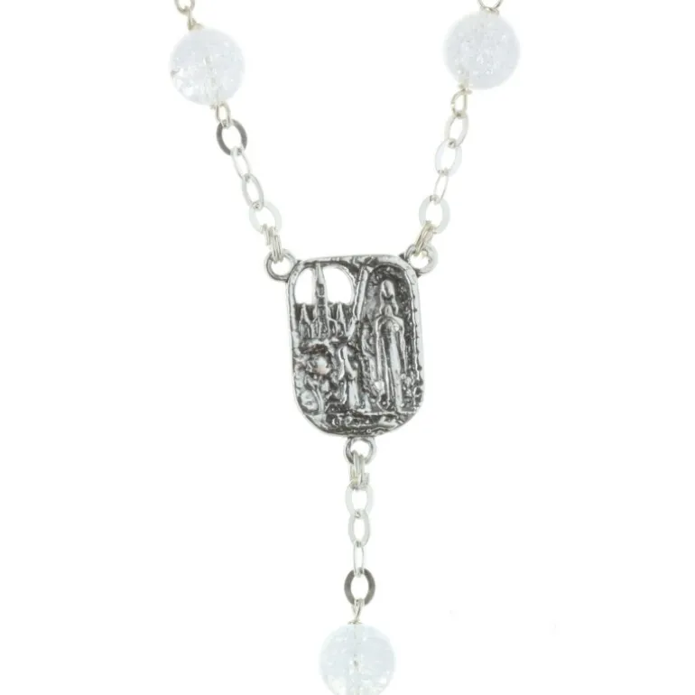 Palais du Rosaire Chapelet de Lourdes en Argent avec des grains en verre effet craquelé^ Chapelet De Lourdes | Chapelet Verre