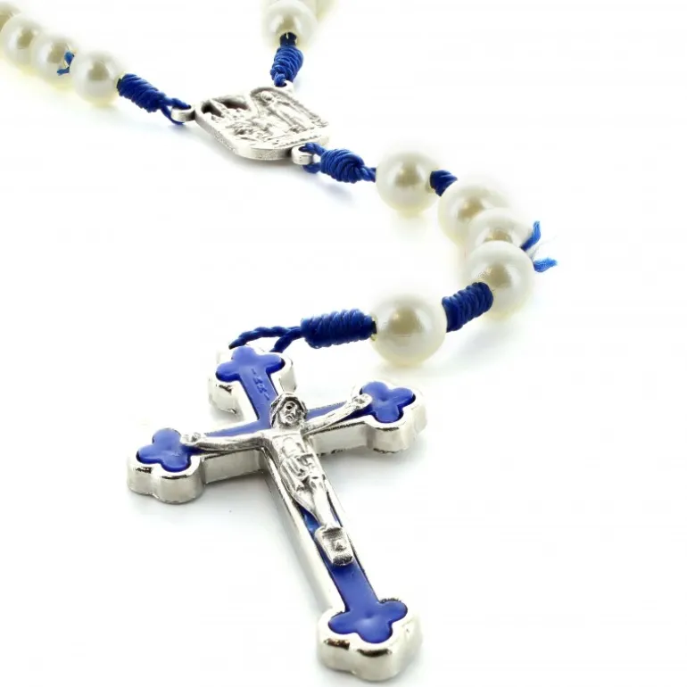 Palais du Rosaire Chapelet de Lourdes perles nacrées sur corde bleue^ Chapelet De Lourdes | Chapelet Corde