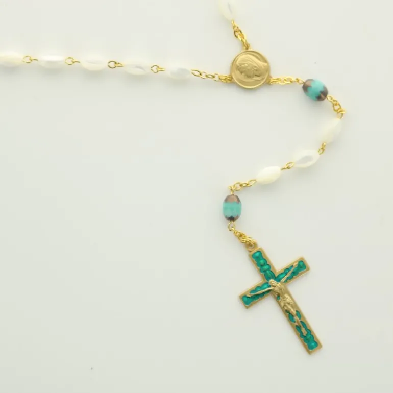 Palais du Rosaire Chapelet Doré avec grains en Nacre et croix colorée^ Communion | Chapelet De Communion