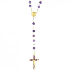 Palais du Rosaire Chapelet doré en pierres d'Améthyste de 6mm avec croix émaillée^ Chapelet Pierre