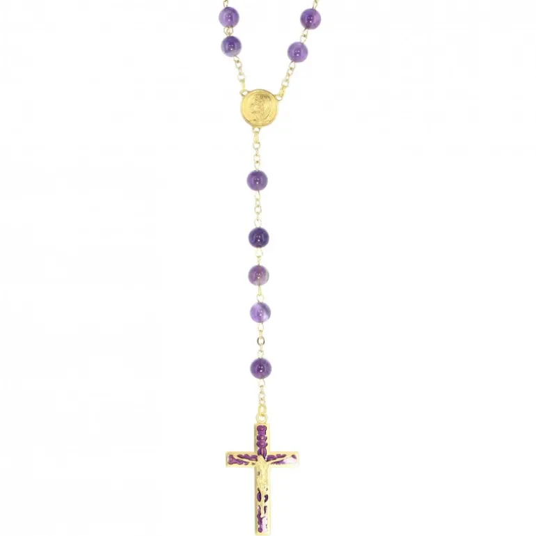 Palais du Rosaire Chapelet doré en pierres d'Améthyste de 6mm avec croix émaillée^ Chapelet Pierre