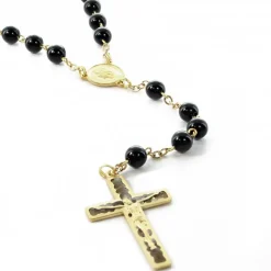 Palais du Rosaire Chapelet doré en pierres d'Agathe Noire de 6mm avec croix émaillée^ Chapelet Pierre