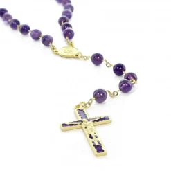 Palais du Rosaire Chapelet doré en pierres d'Améthyste de 6mm avec croix émaillée^ Chapelet Pierre