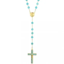 Palais du Rosaire Chapelet doré en Pierres de Turquoise de 6mm avec croix émaillée^ Chapelet Pierre