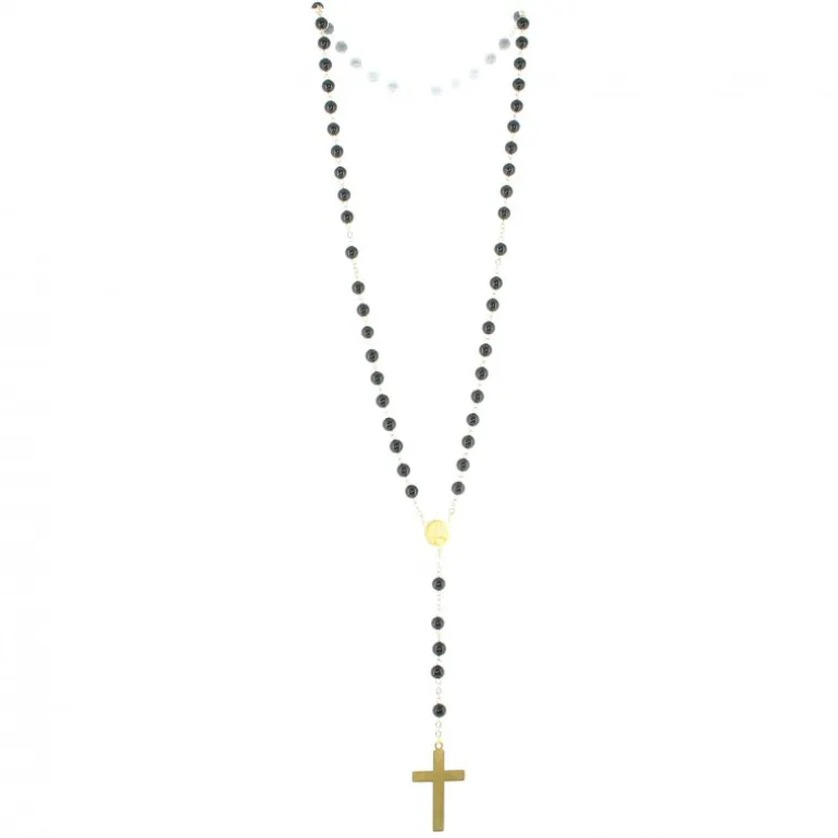 Palais du Rosaire Chapelet doré en pierres d'Agathe Noire de 6mm avec croix émaillée^ Chapelet Pierre