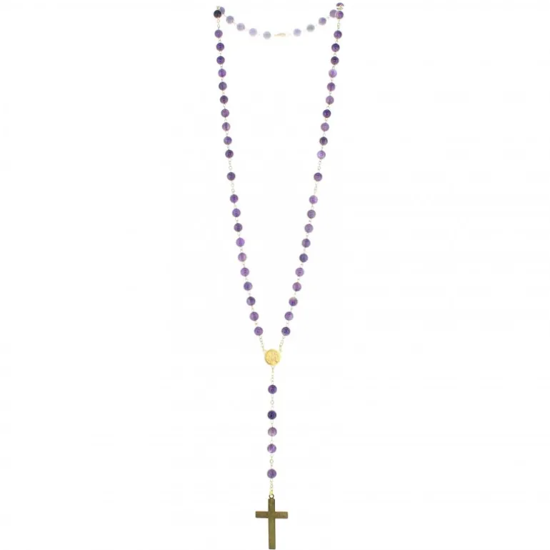 Palais du Rosaire Chapelet doré en pierres d'Améthyste de 6mm avec croix émaillée^ Chapelet Pierre