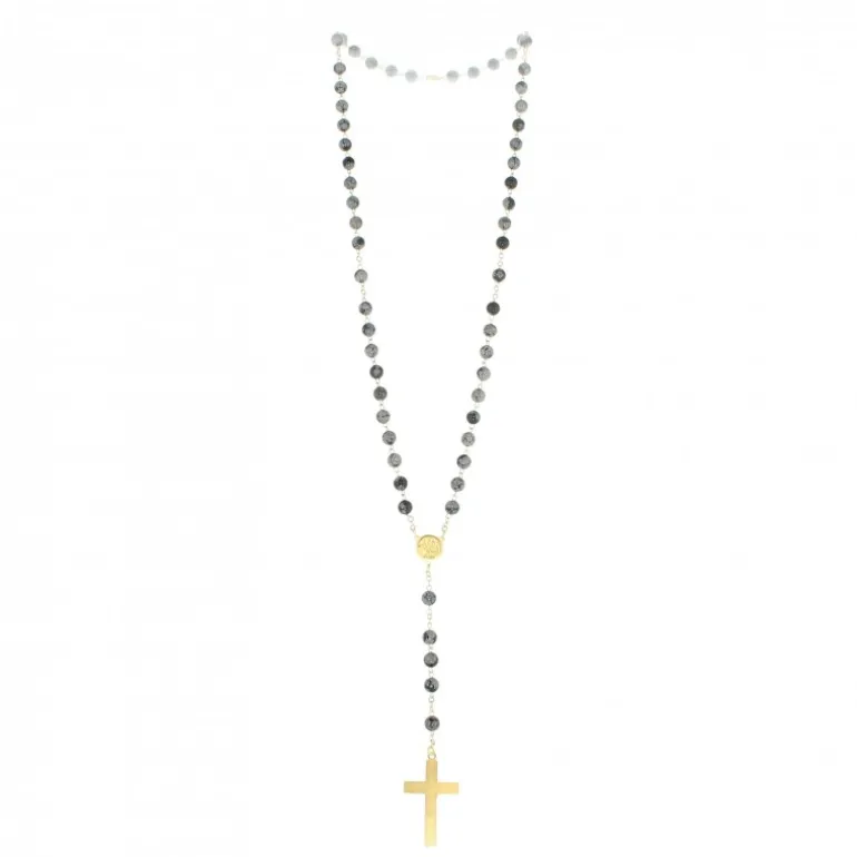 Palais du Rosaire Chapelet doré en pierres Obsidienne de 6mm avec croix émaillée^ Chapelet Pierre