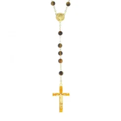 Palais du Rosaire Chapelet doré en pierres Oeil de Tigre 6mm avec croix émaillée^ Chapelet Pierre