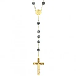 Palais du Rosaire Chapelet doré en pierres Obsidienne de 6mm avec croix émaillée^ Chapelet Pierre
