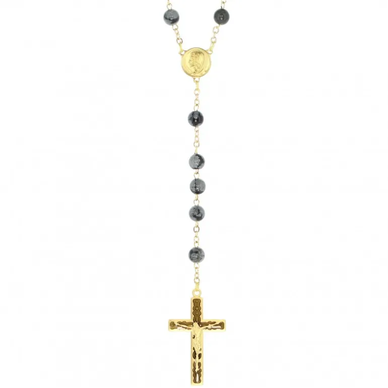 Palais du Rosaire Chapelet doré en pierres Obsidienne de 6mm avec croix émaillée^ Chapelet Pierre