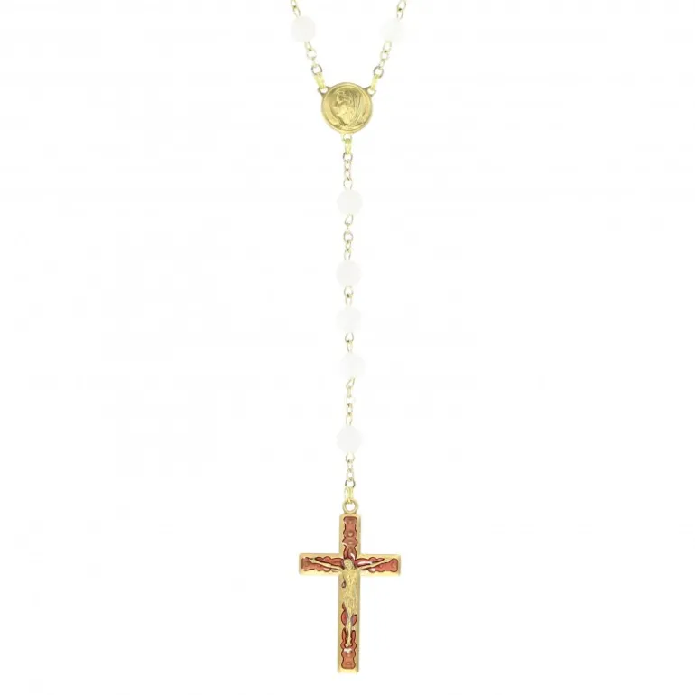 Palais du Rosaire Chapelet doré en Pierres Quartz de 6mm avec croix émaillée^ Chapelet Pierre