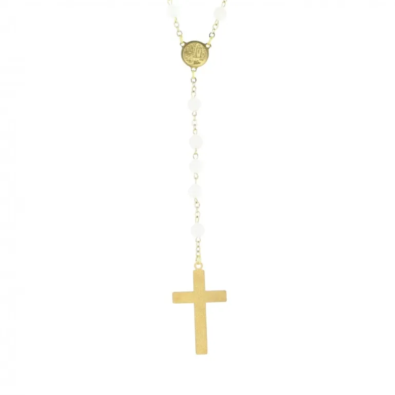 Palais du Rosaire Chapelet doré en Pierres Quartz de 6mm avec croix émaillée^ Chapelet Pierre