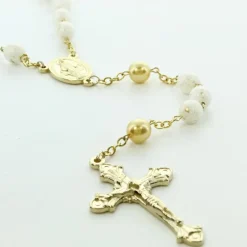 Palais du Rosaire Chapelet Dorées en Perles Blanches et Coeur Vierge Miraculeuse^ Chapelet Métal