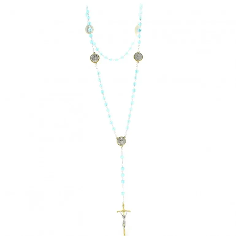 Palais du Rosaire Chapelet du Christ Miséricordieux avec croix pastorale et grains en verre bleux et patters et coeur en métal bicolor^ Chapelet Métal | Chapelet Verre