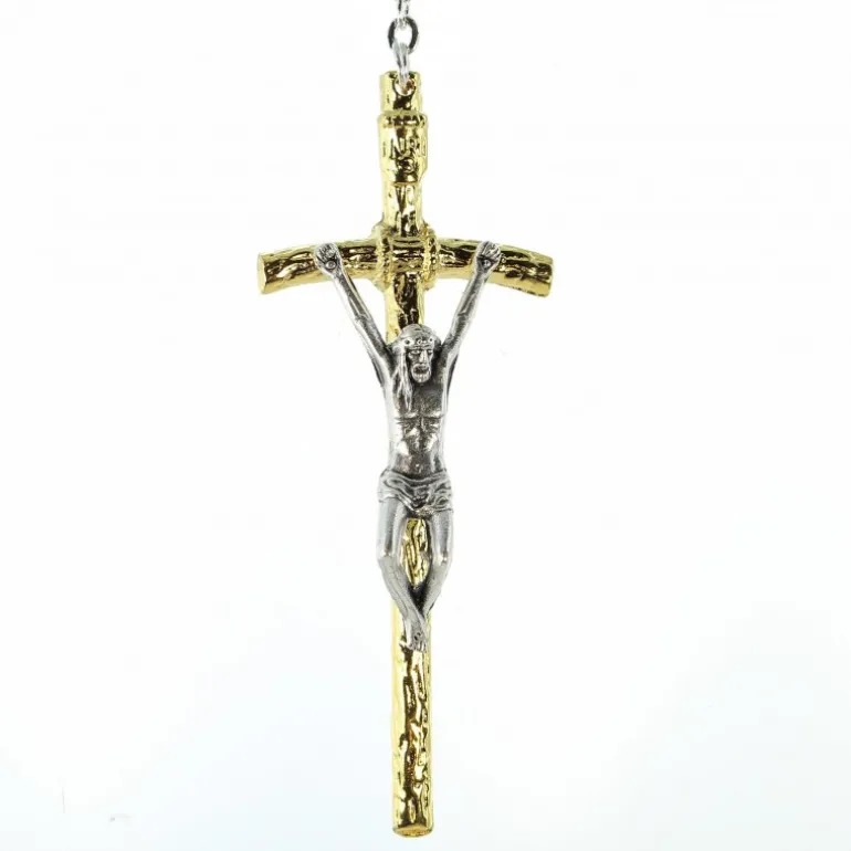 Palais du Rosaire Chapelet du Christ Miséricordieux avec croix pastorale et grains en verre bleux et patters et coeur en métal bicolor^ Chapelet Métal | Chapelet Verre
