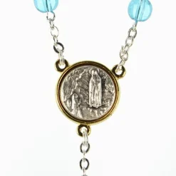 Palais du Rosaire Chapelet du Christ Miséricordieux avec croix pastorale et grains en verre bleux et patters et coeur en métal bicolor^ Chapelet Métal | Chapelet Verre