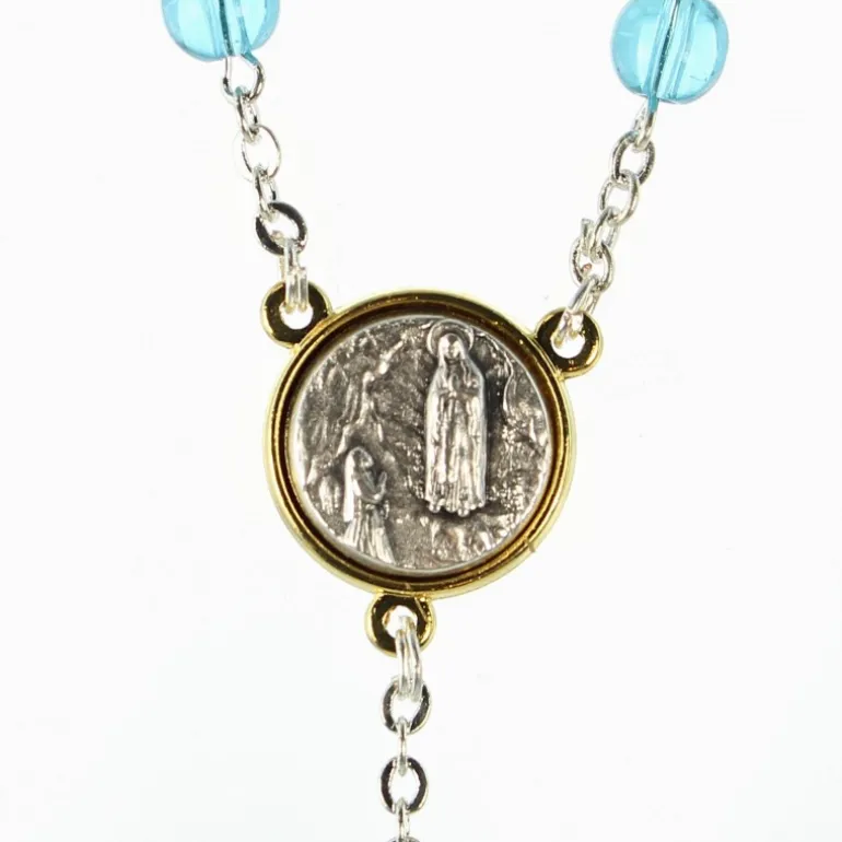 Palais du Rosaire Chapelet du Christ Miséricordieux avec croix pastorale et grains en verre bleux et patters et coeur en métal bicolor^ Chapelet Métal | Chapelet Verre