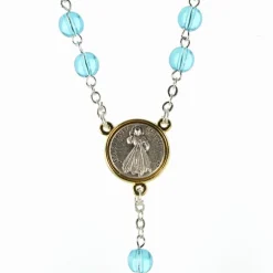 Palais du Rosaire Chapelet du Christ Miséricordieux avec croix pastorale et grains en verre bleux et patters et coeur en métal bicolor^ Chapelet Métal | Chapelet Verre