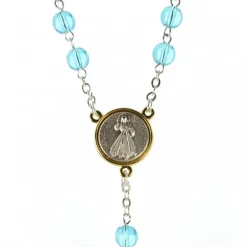 Palais du Rosaire Chapelet du Christ Miséricordieux avec croix pastorale et grains en verre bleux et patters et coeur en métal bicolor^ Chapelet Métal | Chapelet Verre