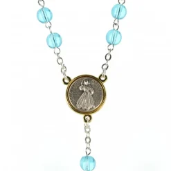 Palais du Rosaire Chapelet du Christ Miséricordieux avec croix pastorale et grains en verre bleux et patters et coeur en métal bicolor^ Chapelet Métal | Chapelet Verre