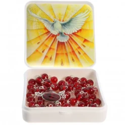 Palais du Rosaire Chapelet du Saint Esprit en verre rouge avec sa boite décorée^ Autre Chapelet De Devotion | Chapelet Verre