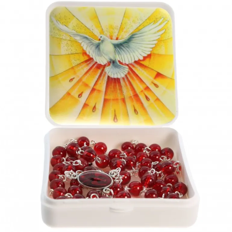 Palais du Rosaire Chapelet du Saint Esprit en verre rouge avec sa boite décorée^ Autre Chapelet De Devotion | Chapelet Verre