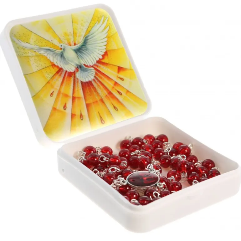 Palais du Rosaire Chapelet du Saint Esprit en verre rouge avec sa boite décorée^ Autre Chapelet De Devotion | Chapelet Verre