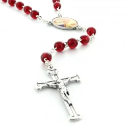 Palais du Rosaire Chapelet dévotion de la Flamme d'Amour en résine rouge et chaîne argentée^ Chapelet Résine