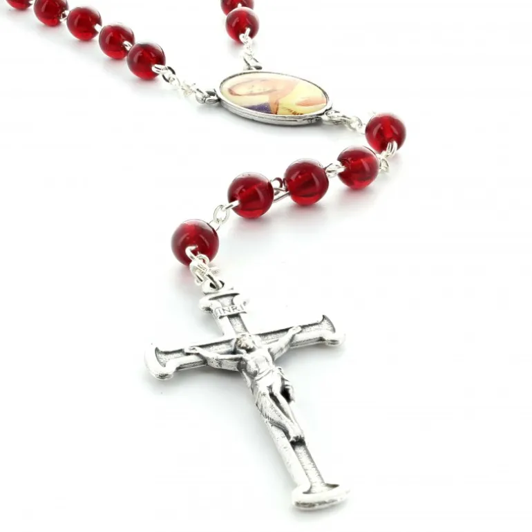 Palais du Rosaire Chapelet dévotion de la Flamme d'Amour en résine rouge et chaîne argentée^ Chapelet Résine