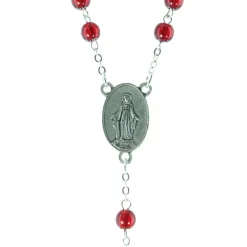 Palais du Rosaire Chapelet dévotion de la Flamme d'Amour en résine rouge et chaîne argentée^ Chapelet Résine
