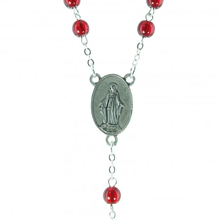 Palais du Rosaire Chapelet dévotion de la Flamme d'Amour en résine rouge et chaîne argentée^ Chapelet Résine