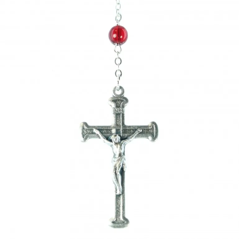 Palais du Rosaire Chapelet dévotion de la Flamme d'Amour en résine rouge et chaîne argentée^ Chapelet Résine