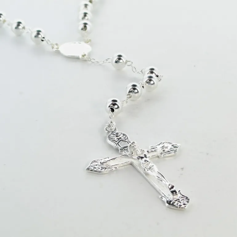 Palais du Rosaire Chapelet en argent avec des grains ronds et un coeur avec l'Apparition de Lourdes et l'Ave Maria^ Chapelet Argent