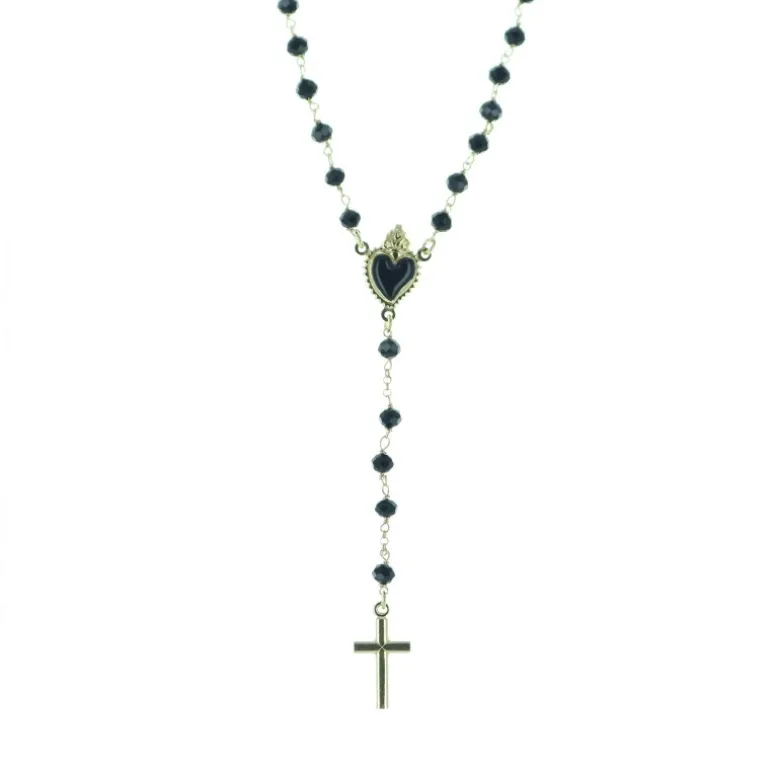 Palais du Rosaire Chapelet en argent doré avec coeur ex-voto noir^ Chapelet Argent
