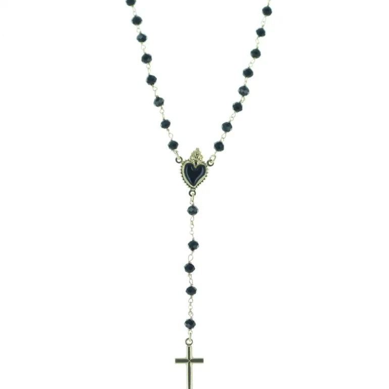 Palais du Rosaire Chapelet en argent doré avec coeur ex-voto noir^ Chapelet Argent