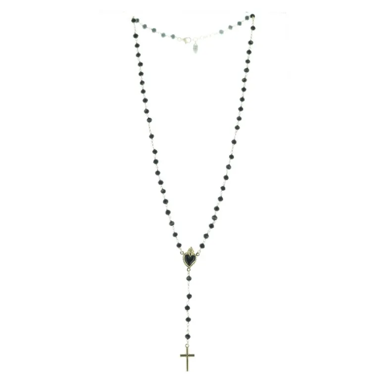Palais du Rosaire Chapelet en argent doré avec coeur ex-voto noir^ Chapelet Argent