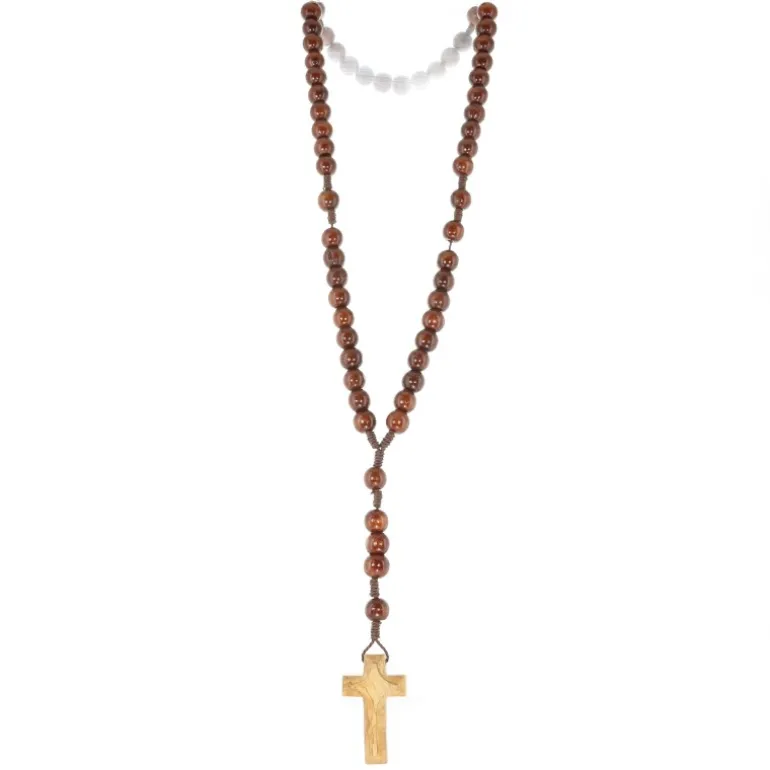 Palais du Rosaire Chapelet en corde avec grains en bois foncé de 12mm et croix en bois d'olivier^ Chapelet Corde