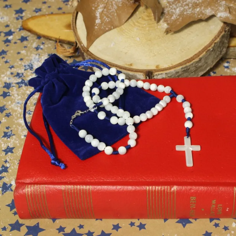 Palais du Rosaire Chapelet en nacre 7mm sur corde bleu^Enfant Communion | Chapelet De Communion