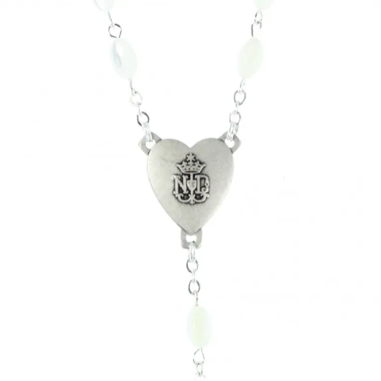 Palais du Rosaire Chapelet en nacre perle ovale 5x8mm coeur argenté Notre-Dame de Lourdes^ Chapelet Nacre