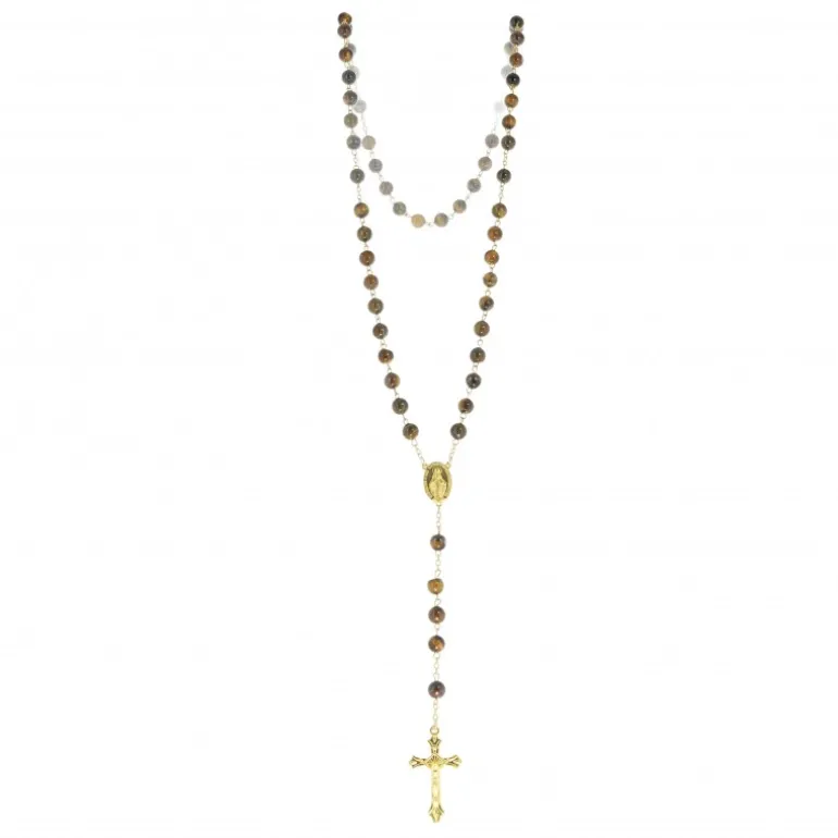 Palais du Rosaire Chapelet en pierre d'Oeil de Tigre de 8mm avec chaîne dorée et boîte^ Chapelet Pierre