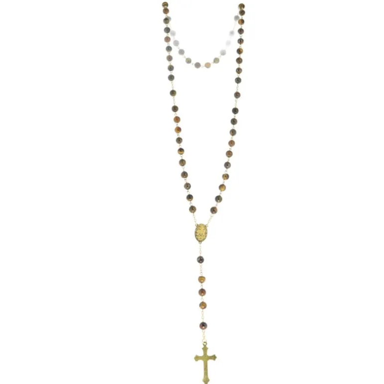 Palais du Rosaire Chapelet en pierre d'Oeil de Tigre de 8mm avec chaîne dorée et boîte^ Chapelet Pierre