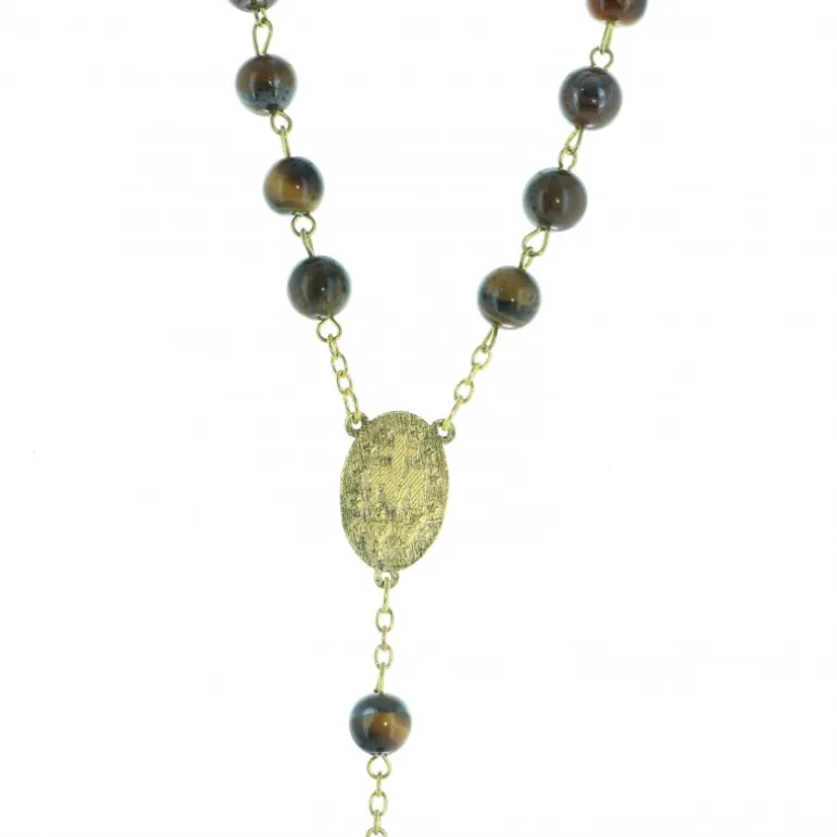 Palais du Rosaire Chapelet en pierre d'Oeil de Tigre de 8mm avec chaîne dorée et boîte^ Chapelet Pierre