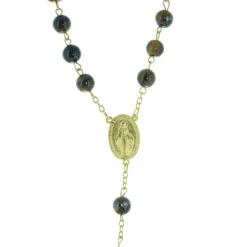 Palais du Rosaire Chapelet en pierre d'Oeil de Tigre de 8mm avec chaîne dorée et boîte^ Chapelet Pierre